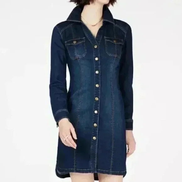Denim Dress Button Down Long Sleeve Dark Wash Casual Shirt Dress - Picture 1 of 9